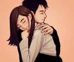  artist_self-insert black_hair black_shirt brown_hair closed_eyes closed_mouth commentary couple hetero hug jungon_kim long_hair long_sleeves original pink_background shirt simple_background smile sweater upper_body white_sweater 