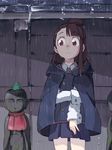  asymmetrical_bangs bangs brown_hair cloak closed_eyes closed_mouth collared_shirt cowboy_shot expressionless frog frown highres jizou kagari_atsuko little_witch_academia long_hair luna_nova_school_uniform necktie pleated_skirt rain red_eyes school_uniform shirt skirt solo standing statue tei-o wet wet_clothes white_shirt wing_collar 