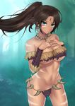  bare_shoulders body_markings breasts brown_hair cleavage dark_skin earrings ero_waifu facial_mark fang_necklace feathers forehead_jewel green_eyes hair_feathers hand_on_own_chest jewelry league_of_legends long_hair looking_at_viewer medium_breasts midriff navel nidalee outdoors parted_lips ponytail solo stomach 