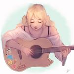  beamed_eighth_notes blonde_hair closed_eyes earrings freckles guitar heart highres holding holding_instrument ice_cream_cone instrument jewelry long_hair music musical_note open_mouth original playing_instrument signature simple_background smiley_face solo sticker trung_doan white_background 