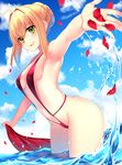  ahoge armpits bare_arms bare_shoulders blonde_hair breasts cowboy_shot day fate/extra fate_(series) from_side gendo0032 green_eyes groin hair_bun large_breasts leaning_forward looking_at_viewer nero_claudius_(fate) nero_claudius_(fate)_(all) outdoors outstretched_arm petals red_swimsuit revealing_clothes sideboob sidelocks sky slingshot_swimsuit solo standing swimsuit thighs wading 
