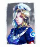  alternate_costume alternate_hairstyle armband bad_id bad_pixiv_id bangs beret blonde_hair blue_bodysuit blue_eyes bodysuit border breasts combat_medic_ziegler grey_background hair_over_one_eye hat highres light_smile lips long_sleeves looking_at_viewer mechanical_wings medium_breasts mercy_(overwatch) nose nvalkyrja overwatch pink_lips short_hair solo thick_lips upper_body white_border white_hat wings 