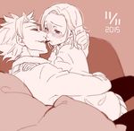  1girl 2015 ban_(nanatsu_no_taizai) blush couple dated elaine fang food full-face_blush half-closed_eyes hetero hug limited_palette nanatsu_no_taizai pocky pocky_day pocky_kiss shared_food spiked_hair tayu_(canary-san) waist_hug 