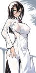  black_hair blue_eyes breasts closed_mouth commentary_request dress hair_between_eyes hair_ornament hijiri large_breasts long_hair looking_at_viewer mole mole_under_eye original smile solo standing vietnamese_dress white_dress 