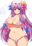  afuro areola_slip areolae bikini blue_bow blush bow breasts cleavage covered_nipples cowboy_shot crescent crescent_hair_ornament curvy elbow_gloves frown gloves hair_bow hair_ornament hat hat_bow large_breasts long_hair looking_at_viewer micro_bikini mob_cap navel patchouli_knowledge purple_bikini purple_eyes purple_hair red_bow side-tie_bikini sideboob solo standing star stomach striped striped_bikini swimsuit thick_thighs thighs touhou underboob very_long_hair white_background white_gloves wide_hips 