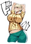  aqua_eyes arms_behind_head arms_up belly blonde_hair breasts cropped_legs elf-san_wa_yaserarenai. erufuda-san highres huge_breasts midriff midriff_peek navel pants parted_lips pointy_ears short_hair simple_background sketch solo synecdoche translation_request white_background 