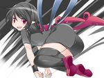  :d ass asymmetrical_wings black_dress black_hair black_legwear cocked_eyebrow commentary_request dress hammer_(sunset_beach) houjuu_nue long_hair looking_at_viewer miniskirt open_mouth pointy_ears red_eyes skirt smile solo thighhighs touhou wings wristband zettai_ryouiki 
