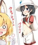  :d =3 aikawa_ryou animal_ears backpack bag black_gloves black_hair blonde_hair blush bow bowtie commentary gloves groin hat hat_feather highres kaban_(kemono_friends) kemono_friends lifted_by_self midriff multiple_girls navel no_legwear o_o open_mouth pulled_by_self purple_eyes red_shirt serval_(kemono_friends) serval_ears serval_print shirt shirt_lift short_hair shorts shorts_pull smile source_quote_parody stomach translated white_gloves yuri 