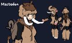  animal_hood arms_at_sides blue_background brown_eyes brown_hair copyright_name highres hood mastodon_(microblog) morakkyo_(mephilas_g3) multiple_views open_mouth original personification short_hair simple_background sketch tail teeth tusks upper_body 