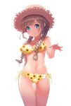  absurdres ass_visible_through_thighs bikini blue_eyes braid brown_hair flower hair_over_shoulder hat highres long_hair looking_at_viewer low_twintails moemas_(zeratools) navel original side-tie_bikini smile solo straw_hat sunflower swimsuit thigh_gap twin_braids twintails white_bikini 