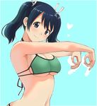  alternate_costume aqua_background aqua_bikini bare_arms bare_shoulders bikini blue_eyes blue_hair bow breasts cleavage commentary_request hair_between_eyes hair_bow highres kantai_collection large_breasts light_smile looking_at_viewer masukuza_j navel outstretched_arms short_twintails solo souryuu_(kantai_collection) stomach swimsuit twintails underboob upper_body 