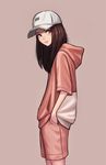  baseball_cap brown_hair closed_mouth from_side grey_background hands_in_pockets hat highres hood hood_down hoodie jungon_kim long_hair looking_at_viewer original pink_shorts shorts simple_background solo white_hat 