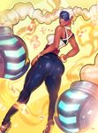  arms_(game) asieybarbie ass bare_shoulders blonde_hair bracelet chilla_(arms) dark_skin earrings green_eyes high_heels highres jewelry legs lips long_hair solo thick_thighs thighs twintelle_(arms) very_long_hair 