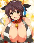  afuro animal_ears animal_print areola_slip areolae bare_shoulders bell bell_collar breasts brown_eyes brown_hair cleavage collar cow_ears cow_horns cow_print cow_tail horns huge_breasts idolmaster idolmaster_cinderella_girls idolmaster_cinderella_girls_starlight_stage oikawa_shizuku short_hair solo tail 