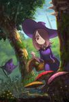  basket big_eyes day forest from_below glowing hair_over_one_eye hat highres lavender_hair little_witch_academia looking_down mushroom nature outdoors pale_skin plant red_eyes robe school_uniform sendrawz smile solo sucy_manbavaran tower tree witch witch_hat 