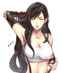  armpits artist_name bare_shoulders breasts brown_hair cleavage closed_eyes commentary_request earrings facing_viewer final_fantasy final_fantasy_vii holding holding_hair jewelry large_breasts lips long_hair parted_lips simple_background solo suspenders_pull tama_(tmfy5) tank_top tifa_lockhart upper_body white_background 
