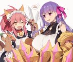  :d ;d alternate_costume animal_ear_fluff animal_ears apron bangs bell bell_collar black_dress blush bow breasts bright_pupils buckle carrot claws cleavage collar collarbone daikon dress enmaided fang fate/extra fate/extra_ccc fate/grand_order fate_(series) flying_sweatdrops food fox_ears fox_tail gloves hair_ribbon holding holding_knife huge_breasts jingle_bell knife large_breasts long_hair maid maid_headdress motion_lines multiple_girls muryotaro o-ring o-ring_top one_eye_closed open_mouth passion_lip paw_gloves paws pink_eyes pink_hair pink_ribbon ponytail purple_eyes purple_hair red_bow ribbon simple_background sleeveless sleeveless_dress smile speech_bubble spoken_food straight_hair tail tamamo_(fate)_(all) tamamo_cat_(fate) thick_eyebrows tsurime upper_body v-shaped_eyebrows vegetable very_long_hair white_apron white_background yellow_eyes 