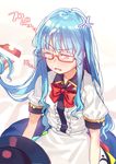  anger_vein angry annoyed bar_censor blouse blue_hair blue_skirt blush bow bowtie censored center_frills commentary_request cum cum_on_glasses d; disgust facial glasses hairjob headwear_removed hinanawi_tenshi long_hair nose_blush one_eye_closed open_mouth penis red_eyes short_sleeves sidelocks skirt solo_focus subachi touhou very_long_hair white_blouse 