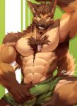  abs anthro armpit_hair bulge camo canid canine canis clothed clothing dog_tags domestic_dog fur german_shepherd hair hand_on_penis jewelry looking_at_viewer male mammal muscular muscular_male necklace one_eye_closed pants pecs penis_outline rabbity smile solo topless wink 