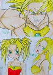  1girl artist_request blonde_hair blush broly dragonball_z earrings green_eyes translation_request twintails 