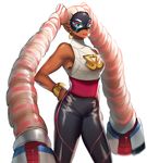  arms_(game) bracelet breasts dark_skin drill_hair earrings eyebrows green_eyes hand_on_hip highres jewelry lipstick long_hair makeup mask medium_breasts pants pendant sash sleeveless sleeveless_turtleneck solo turtleneck twin_drills twintelle_(arms) xenvita 