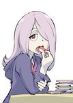  bags_under_eyes commentary eating food hair_over_one_eye half-closed_eyes hand_on_own_arm little_witch_academia long_hair looking_at_viewer luna_nova_school_uniform namesake open_mouth pale_skin pink_hair plate pun red_eyes robe simple_background sucy_manbavaran sushi table ueyama_michirou upper_body white_background 