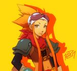  breasts brown_eyes cryamore cryamore_condenser esmyrelda_maximus freckles goggles goggles_on_head long_hair midriff navel neckerchief orange_hair parody pauldrons persona robert_porter sidelocks small_breasts soejima_shigenori_(style) solo spiked_hair style_parody suspenders upper_body yellow_background 