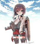  bike_shorts brown_eyes brown_hair closed_mouth cloud commentary_request dated eyebrows_visible_through_hair flat_chest hair_between_eyes headband headgear kamizuki_shiki kantai_collection legs_apart looking_at_viewer outdoors red_skirt short_hair skirt solo standing taihou_(kantai_collection) thighhighs twitter_username 