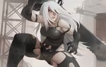  android bare_shoulders blue_eyes breasts commentary elbow_gloves fighting_stance gloves large_breasts long_hair nier_(series) nier_automata over_shoulder robot_joints silver_hair solo sword thighs weapon weapon_over_shoulder whistle_frog yorha_type_a_no._2 