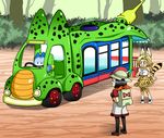  1girl android_17 android_18 animal_ears backpack bag bandana black_hair blonde_hair blue_eyes cell_(dragon_ball) cell_junior commentary_request cosplay dragon_ball dragon_ball_z earrings hat highres japari_bus jewelry kaban_(kemono_friends) kaban_(kemono_friends)_(cosplay) kemono_friends lucky_beast_(kemono_friends) orange_bandana pantyhose red_ribbon_army serval_(kemono_friends) serval_(kemono_friends)_(cosplay) serval_ears serval_print serval_tail shinomiya_akino smile tail thighhighs toriyama_akira_(style) 