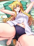  animal_ears armpits arms_behind_head barefoot blonde_hair blue_panties blush breasts cat_ears grin long_hair looking_at_viewer medium_breasts navel nokoppa original panties pee peeing peeing_self sleeveless smile solo underwear 