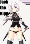  :&lt; bandaged_arm bandages bare_shoulders black_gloves black_legwear black_panties breasts character_name cleavage cleavage_cutout closed_mouth commentary_request cowboy_shot dagger dual_wielding fate/apocrypha fate_(series) fingerless_gloves gloves green_eyes groin hair_between_eyes highres holding jack_the_ripper_(fate/apocrypha) looking_at_viewer navel orinpachu panties scar short_hair silver_hair single_glove small_breasts solo stomach thighhighs underwear weapon 