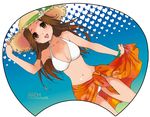  :d arm_up armpits artist_name bare_arms bare_shoulders bikini blush bracelet breasts brown_eyes brown_hair brown_hat cleavage collarbone cowboy_shot daisy dutch_angle floral_print flower green_ribbon hand_on_headwear hat hat_flower hat_ribbon heart jewelry jintsuu_(kantai_collection) kantai_collection legs_apart long_hair medium_breasts navel open_mouth pearl_bracelet plum_(arch) ribbon round_teeth sarong sarong_lift sidelocks smile solo standing stomach straw_hat swimsuit tareme teeth white_bikini 