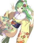  aquna bangs blush bow commentary_request double_v eyebrows_visible_through_hair flat_chest floral_print flower fur-trimmed_kimono fur_trim green_eyes green_footwear green_hair hair_bow hair_flower hair_ornament japanese_clothes kimono knees_up legs_together long_hair long_sleeves looking_at_viewer nengajou new_year obi one_side_up open_mouth original red_bow sandals sash sidelocks simple_background smile socks soles solo tabi v white_background white_legwear wide_sleeves yellow_kimono 