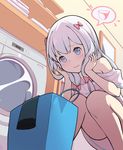  adrenaline!!! amejaga bag bangs blue_eyes blush bow closed_mouth eromanga_sensei from_below hair_bow hands_on_own_cheeks hands_on_own_face highres indoors izumi_sagiri knees_together_feet_apart long_hair looking_down naked_shirt nervous off_shoulder pink_bow shelf shirt silver_hair solo spoken_panties squatting t-shirt thought_bubble washing_machine wavy_mouth 
