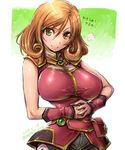 &gt;:) =3 amania_orz belt_pouch blush breasts brown_eyes brown_hair closed_mouth commentary_request cowboy_shot doyagao hair_between_eyes hands_together impossible_clothes impossible_shirt large_breasts pouch remia_zania_valhalevia shirt skin_tight smile solo super_robot_wars super_robot_wars_the_lord_of_elemental translation_request v-shaped_eyebrows vambraces 