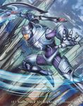  armor armored_boots axe bodysuit boots building cardfight!!_vanguard cloud company_name gloves green_eyes helmet ikeda_(cpt) male_focus official_art sky solo swordsman_of_light_blaster_axe_grawl teeth weapon 