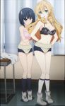  2girls black_bra black_hair blonde_hair bra breasts busou_shoujo_machiavellism kikakujou_mary large_breasts legs midriff multiple_girls onigawara_rin pink_bra stitched 