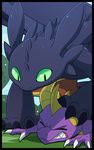  2017 bigger_dom black_scales blitzdrachin claws domination dragon duo fangs feral green_eyes how_to_train_your_dragon lying male purple_scales scales smaller_sub spyro spyro_the_dragon teeths toothless video_games 