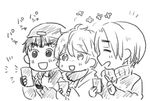  :d cellphone closed_eyes freckles greyscale hat ji_guang-hong leo_de_la_iglesia male_focus monochrome multiple_boys oimo_mushi open_mouth phichit_chulanont phone smartphone smile yuri!!!_on_ice 