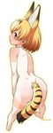  animal_ears ass barefoot bent_over blonde_hair blush brown_eyes eyebrows_visible_through_hair from_above from_behind full_body kemono_friends kouda_tomohiro nude parted_lips profile serval_(kemono_friends) serval_ears serval_tail solo striped_tail tail tan tanline twitter_username white_background 