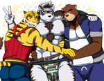  2017 abs anthro bear bearlovestiger13 biceps canine clothed clothing feline fur group headband hi_res horkeukamui juuichi_mikazuki loincloth male mammal morenatsu multicolored_fur muscular muscular_male nipples pecs simple_background tiger tokyo_afterschool_summoners torahiko_(morenatsu) video_games white_fur wolf 