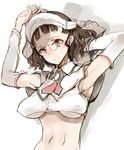  :| armpits arms_up ascot bangs blunt_bangs blush breasts breasts_apart brooch brown_eyes brown_hair closed_mouth collared_shirt covered_nipples crop_top detached_sleeves endou_okito forehead glasses hand_behind_head jewelry kantai_collection long_sleeves looking_at_viewer maid_headdress medium_breasts midriff navel no_bra red_neckwear roma_(kantai_collection) round_eyewear sagging_breasts shirt short_hair simple_background solo tareme taut_clothes taut_shirt underboob upper_body wavy_hair white_background white_shirt 