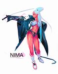  black_panties blue_eyes breasts character_name facial_mark forehead_mark full_body japanese_clothes katana legs looking_to_the_side medium_breasts nima_(ross_tran) nose open_clothes original panties red_skin ross_tran socks solo sword underwear weapon white_hair 