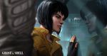  albert_urmanov black_hair blue_eyes cyberpunk fingerless_gloves ghost_in_the_shell gloves hand_on_window jacket kusanagi_motoko logo realistic reflection science_fiction signature window 