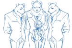  anthro bear blue_theme clothed clothing ehbear female group looking_at_viewer male mammal sketch smile standing suit 