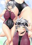  ass ayato blush braid breasts cameltoe competition_swimsuit covered_navel covered_nipples goggles goggles_on_head green_eyes highres kantai_collection large_breasts long_hair looking_at_viewer one-piece_swimsuit silver_hair swimsuit unryuu_(kantai_collection) 