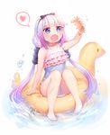  animal bad_id bad_pixiv_id blue_eyes bow casual_one-piece_swimsuit crab drooling frilled_swimsuit frills hairband heart holding holding_animal innertube kanna_kamui kobayashi-san_chi_no_maidragon long_hair looking_away multicolored_hair one-piece_swimsuit open_mouth ozzingo purple_hair saliva silver_hair sitting solo speech_bubble spoken_heart swimsuit twintails two-tone_hair 