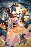  bee_girl bee_hair_ornament black_hair blonde_hair blue_eyes blush detached_sleeves eyepatch highres holding holding_staff honey honeycomb_(pattern) insect_girl long_hair long_sleeves multicolored_hair original smile snow_is solo staff twintails 