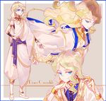  anklet arabian_clothes blonde_hair blue_eyes bracelet character_name diana_cavendish jewelry little_witch_academia long_hair looking_at_viewer milk_puppy necklace pants slippers smile solo 